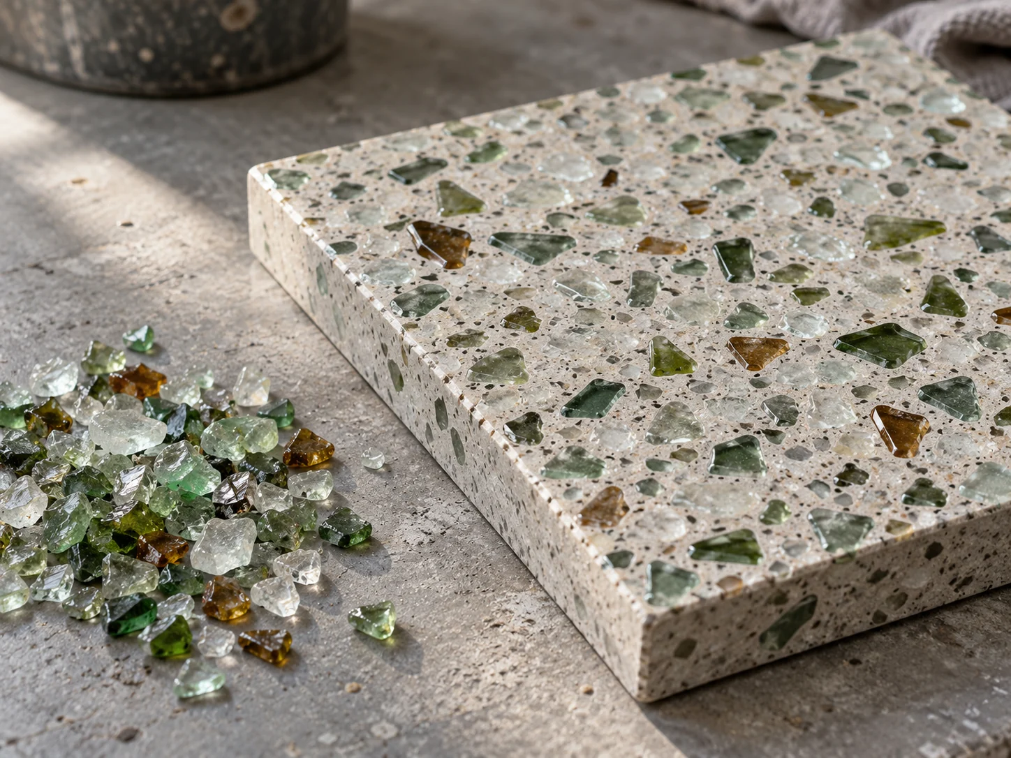 Colour within terrazzo: Sustainable Tech material-library illustration.