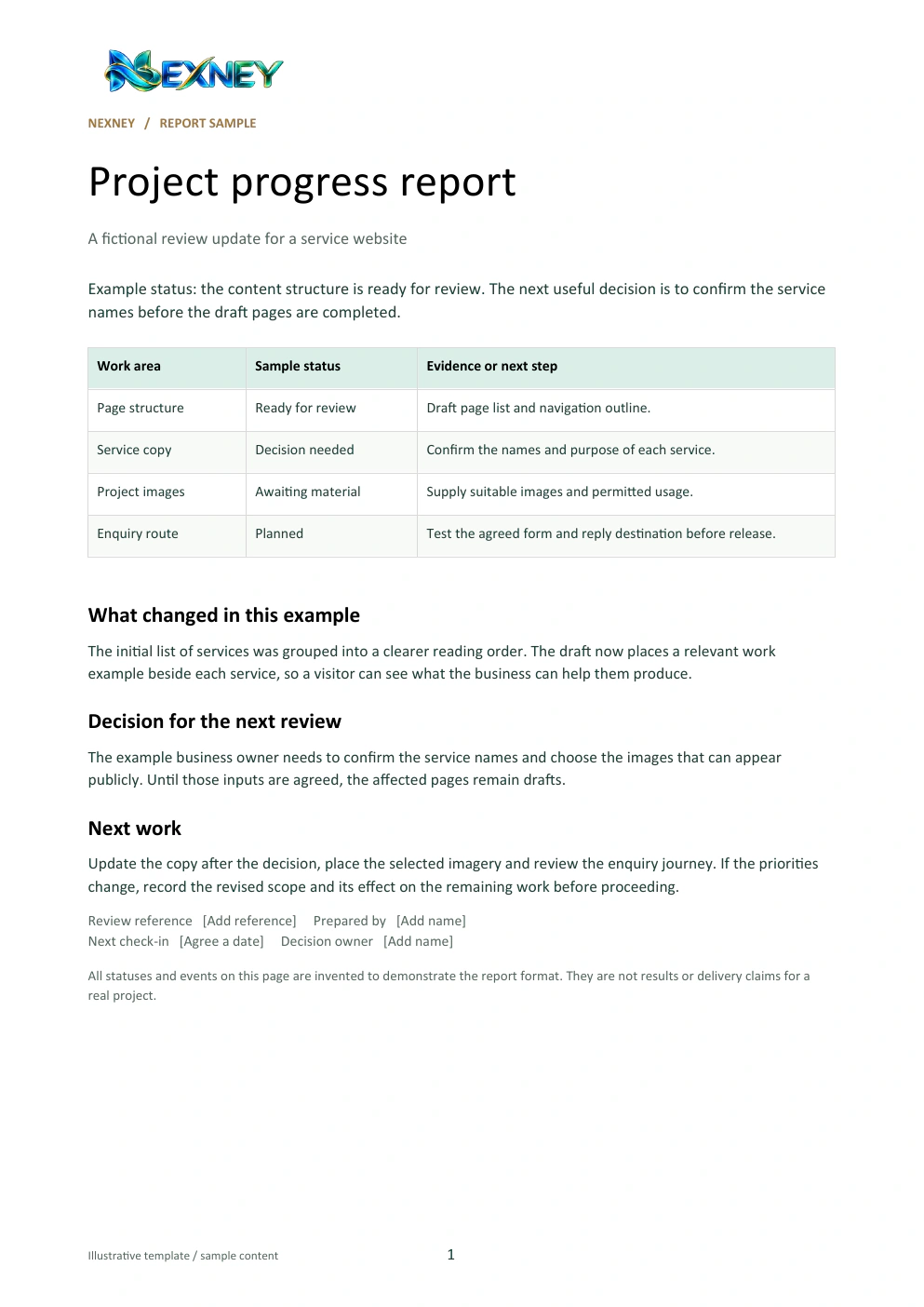 First page of the Nexney progress report sample.