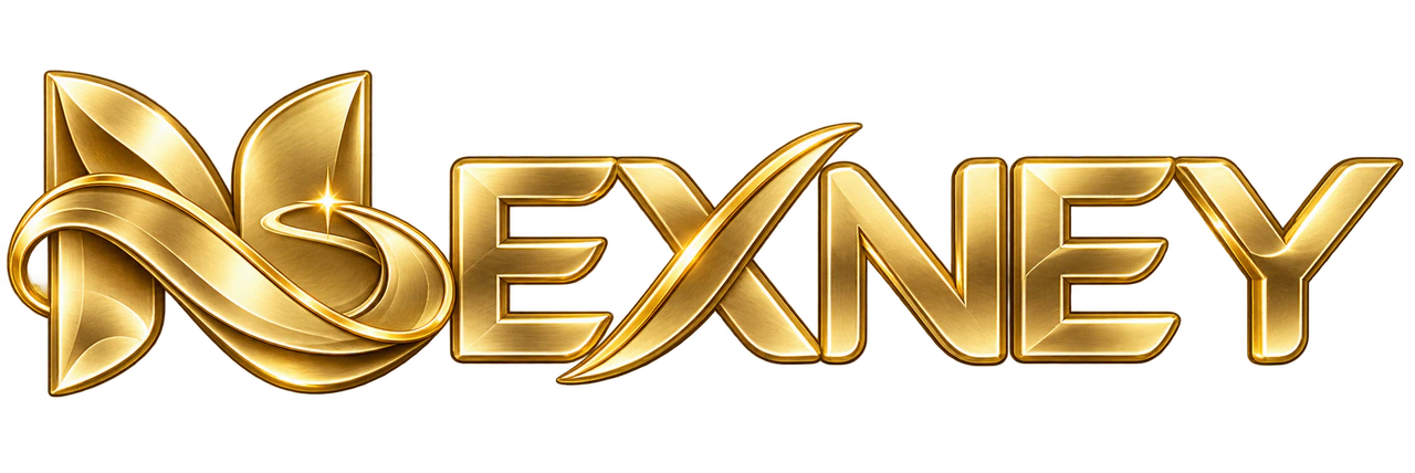 Gold material study of the Nexney wordmark, with subtly dimensional metallic lettering.