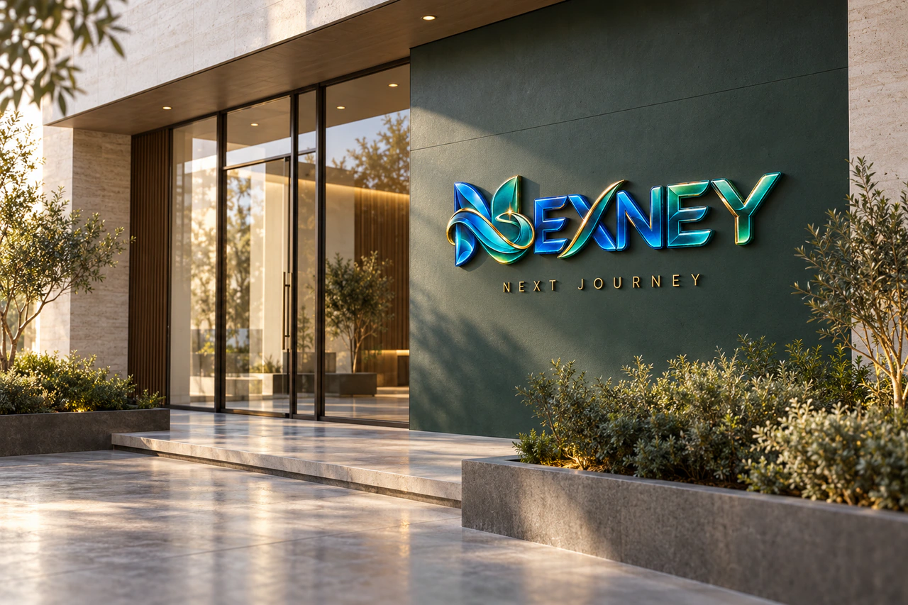 Nexney identity explored as dimensional signage at a contemporary studio entrance.