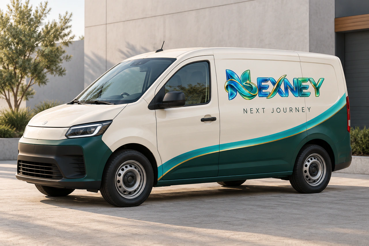 Ivory work van with green panels and Nexney branding: vehicle livery concept.