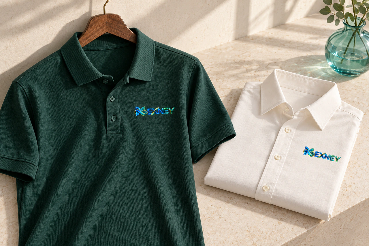 Green polo and ivory collared shirt with small Nexney chest marks: office-wear concept.