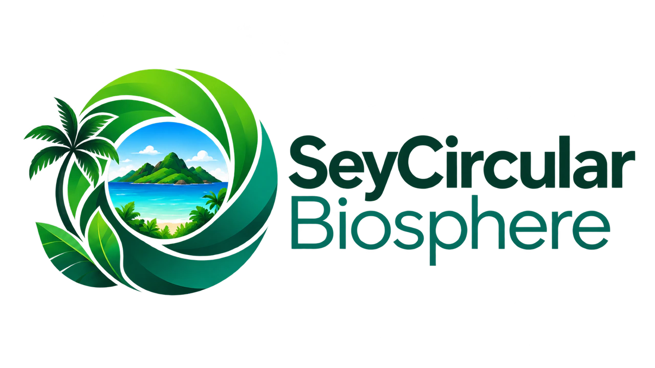 Sey Circular Biosphere identity with an island scene encircled by green leaves.