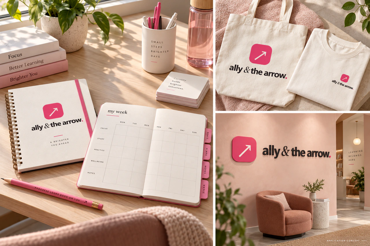 Ally & The Arrow education concept triptych: notebook and weekly planner, a cream tote and tee, and a pink arrow wall mark in a welcoming interior.