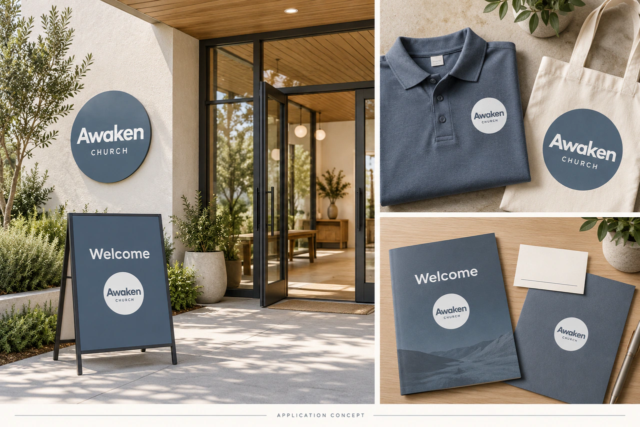 Awaken Church concept triptych: a circular wall sign and welcome board, a slate polo and natural tote, and a welcome booklet with stationery.