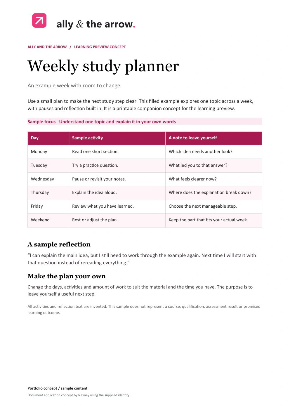 Study planner document preview