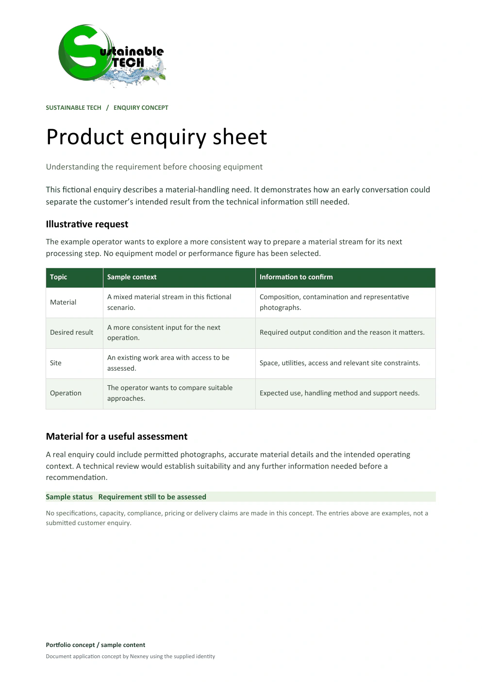 Product enquiry sheet document preview