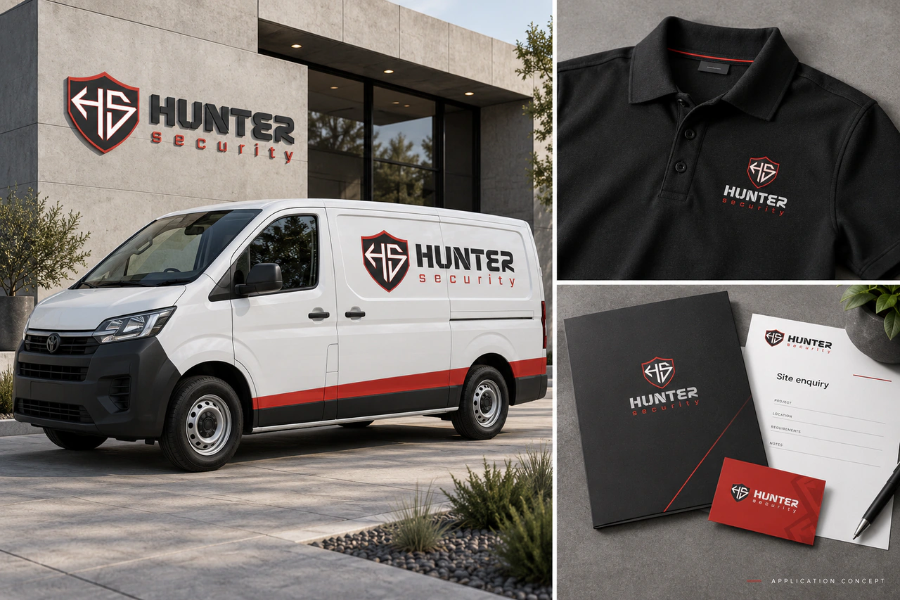 Hunter Security concept triptych: facade signage and a white service van with red stripe, a black polo, and a folder, business card and site-enquiry sheet.
