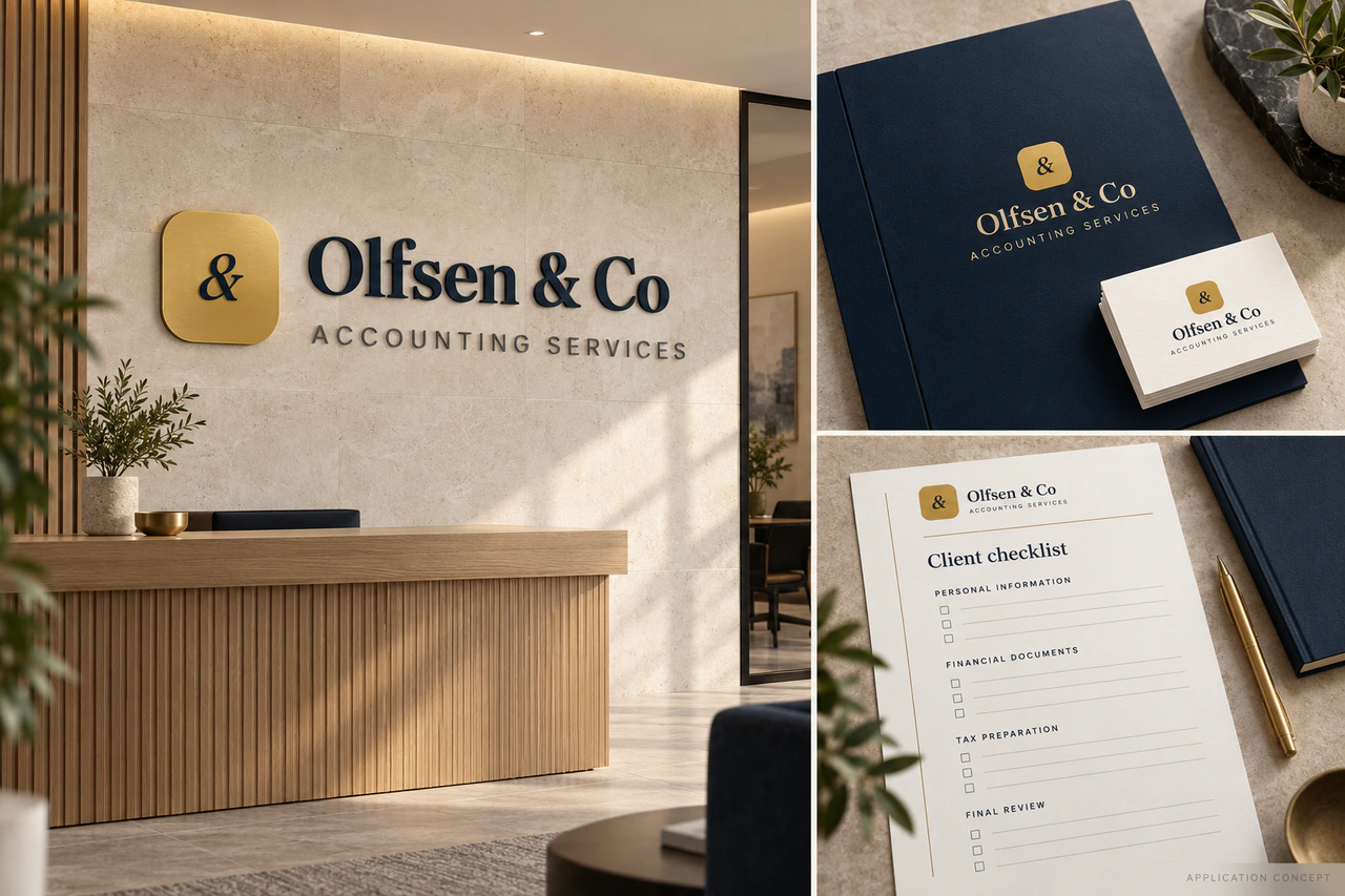 Olfsen & Co concept triptych: navy and gold office wall signage, a navy folder with cream business cards, and a printed client checklist.
