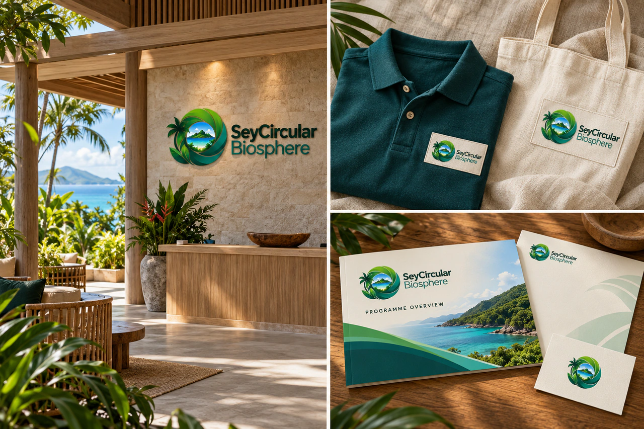Sey Circular Biosphere concept triptych: pavilion reception signage, a sea-green field polo and natural tote, and programme booklet with stationery.