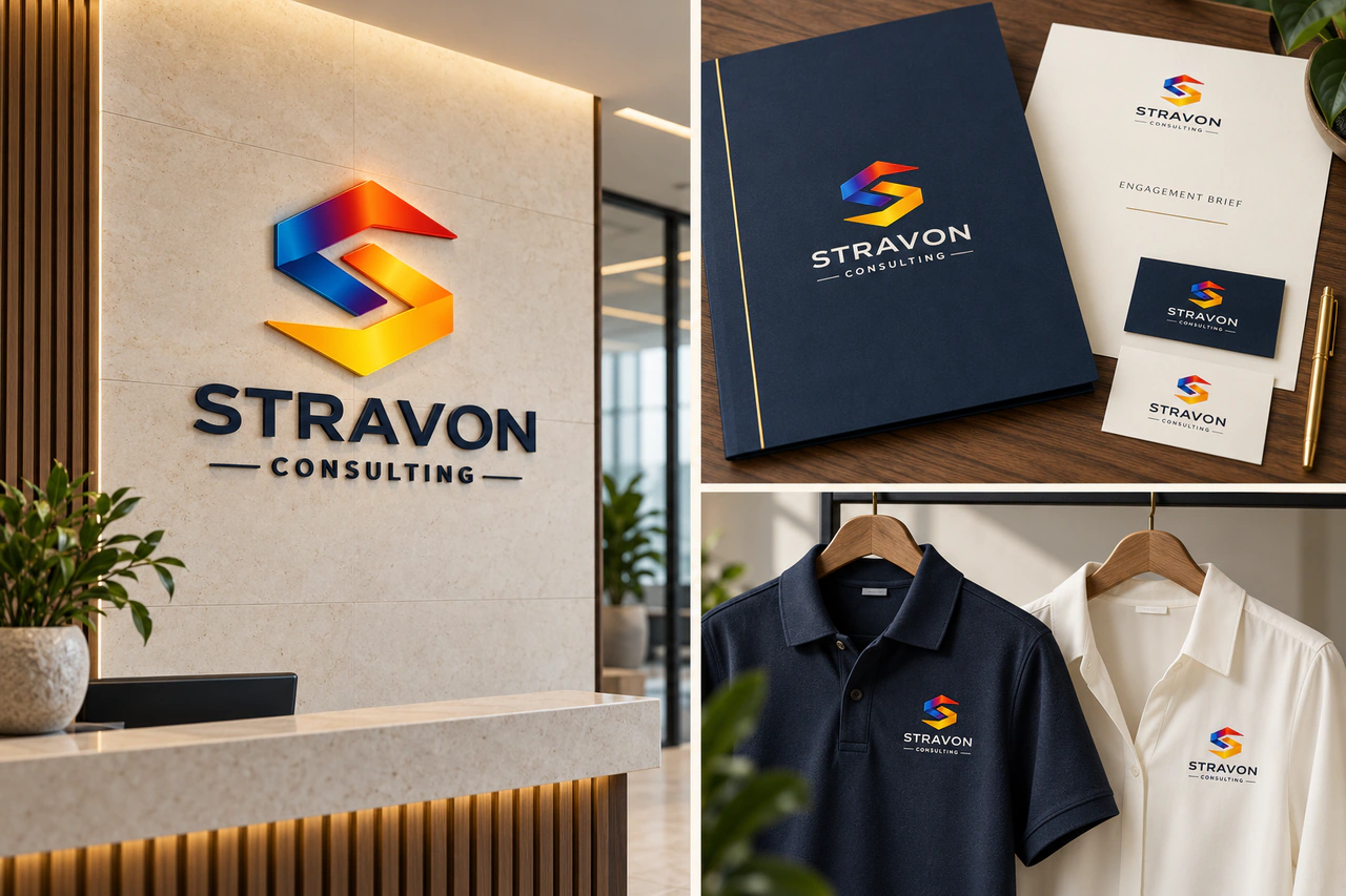 Stravon concept triptych: reception signage, a navy folder with cards and engagement brief, and branded navy polo and white blouse.