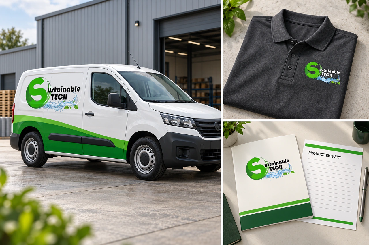 Sustainable Tech concept triptych: a white and green service van, a charcoal polo, and a branded folder with product enquiry sheet.