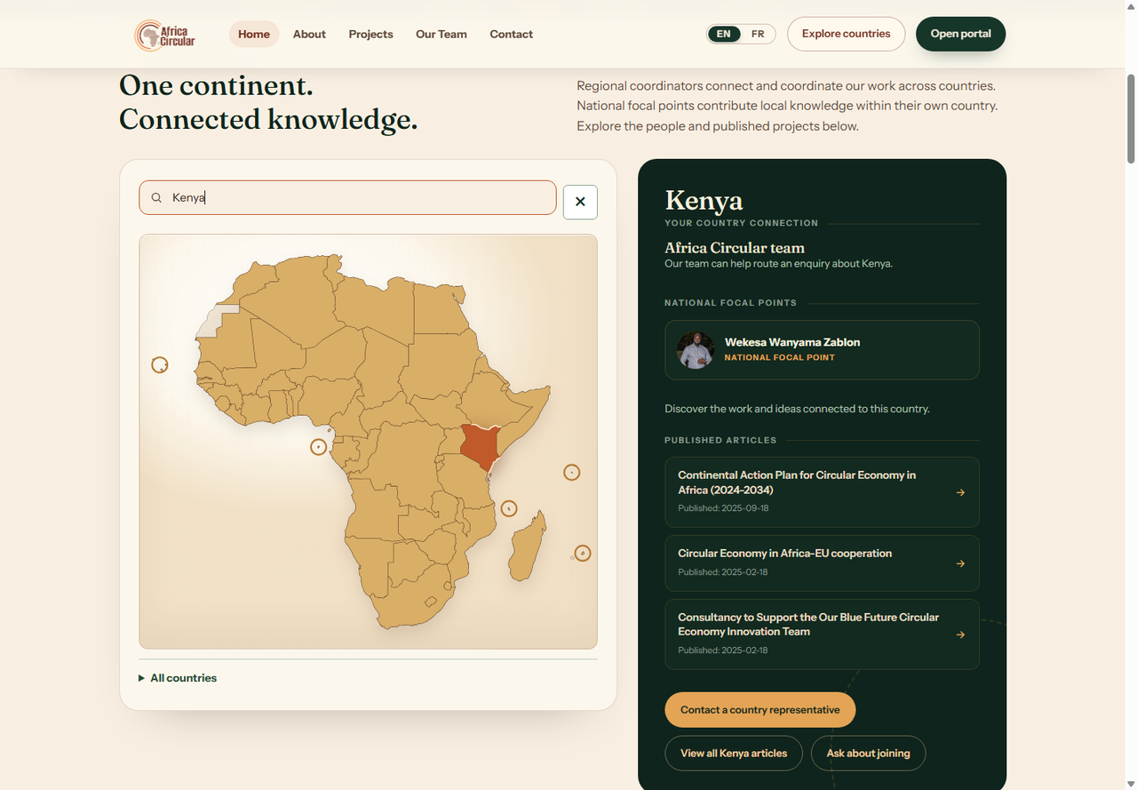Africa Circular public country explorer with Kenya selected