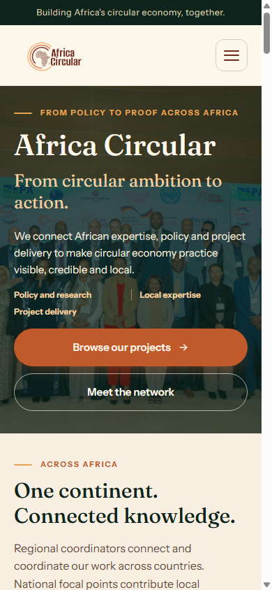 Africa Circular’s public marketing homepage at a mobile width