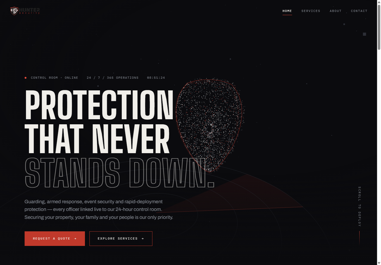 Hunter security website demo homepage captured on 4 October 2026