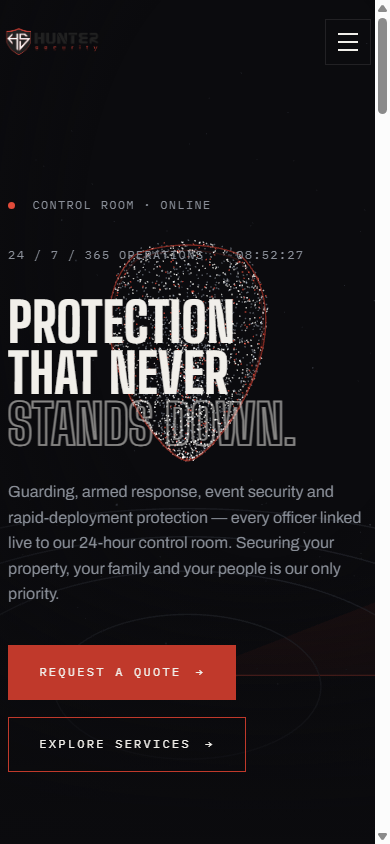 Hunter security website demo at a mobile width