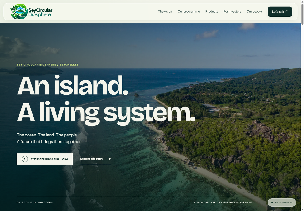 Sey Circular Biosphere’s public website opening with a Seychelles coastline