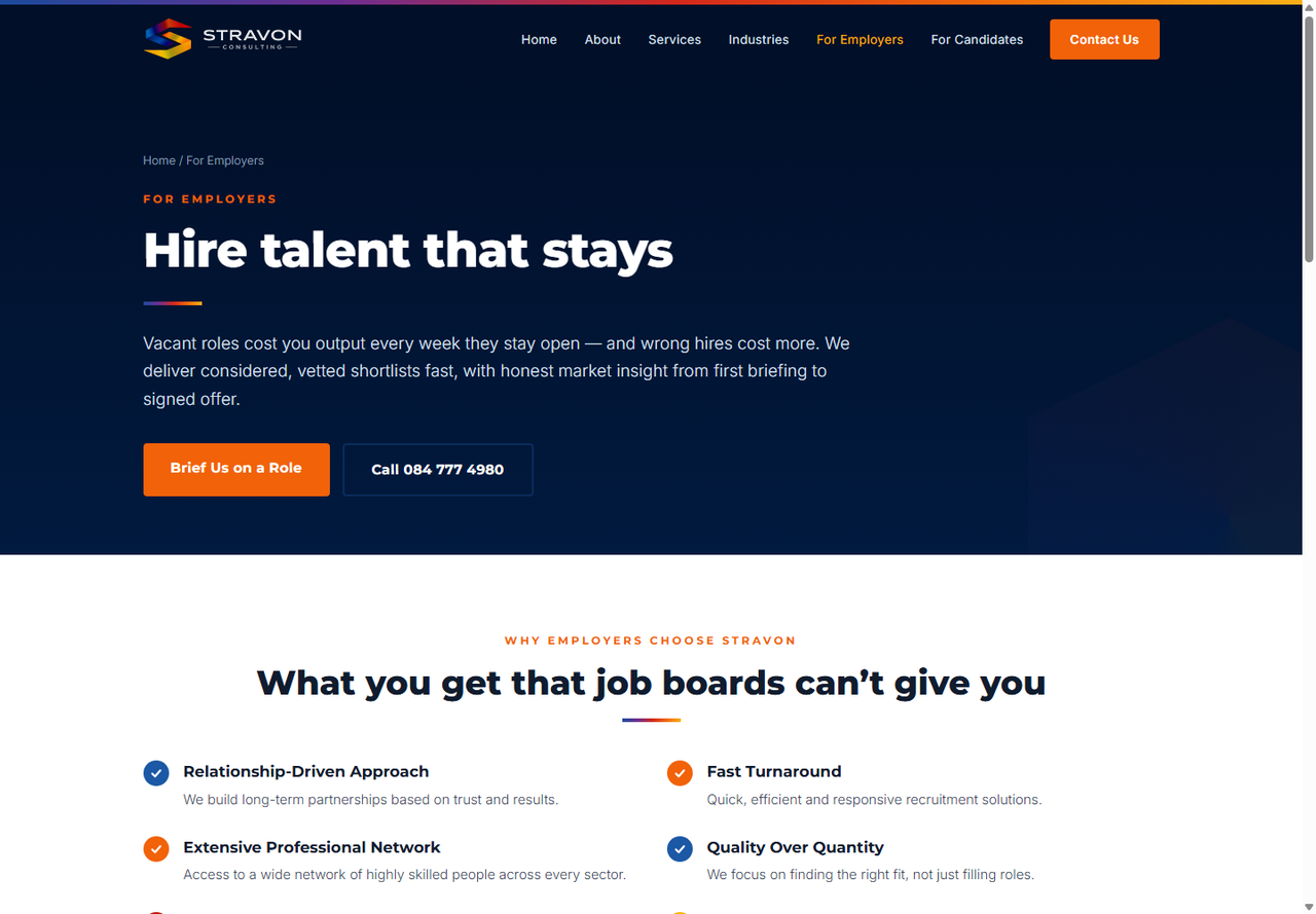 Stravon Consulting’s public website page for employers