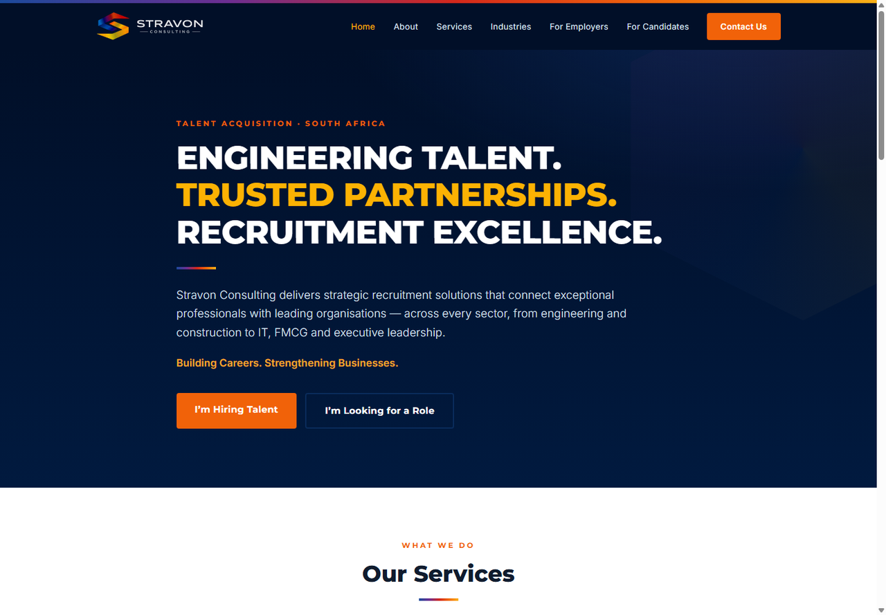 Stravon Consulting public website homepage captured on 4 October 2026