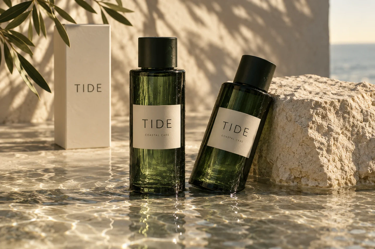 AI-assisted TIDE studio concept: olive glass bottles and minimal cream packaging beside coastal stone and sunlit water